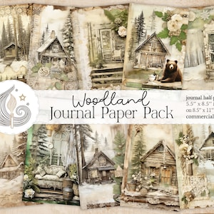 Páginas do Woodland Junk Journal | Papel para impressão | Cabana na floresta rústica nevada | Álbum de recortes digital | Artesanato | Fabricação de cartões | Colagem