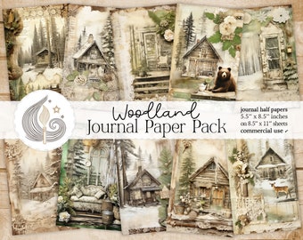 Woodland Junk Journal Pages: Forest Vintage Papers with Cabins and Gentle Wildlife