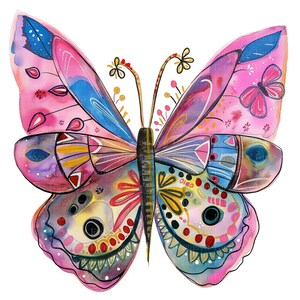Puede incluir: Ilustraci&oacute;n de una mariposa colorida con patrones intrincados y efectos de acuarela. Las alas presentan tonos de rosa, azul, amarillo y morado, con dise&ntilde;os detallados. La mariposa tiene un cuerpo negro y antenas.