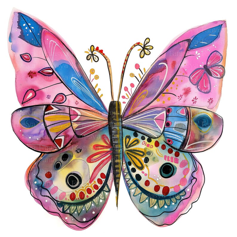 Puede incluir: Ilustraci&oacute;n de una mariposa colorida con patrones intrincados y efectos de acuarela. Las alas presentan tonos de rosa, azul, amarillo y morado, con dise&ntilde;os detallados. La mariposa tiene un cuerpo negro y antenas.
