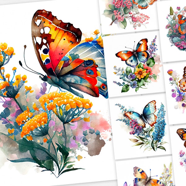 Clipart papillon floral | Pack de 10 cliparts aquarelle | Utilisation commerciale | Téléchargement numérique | Images de papillons | Peinture à l'aquarelle