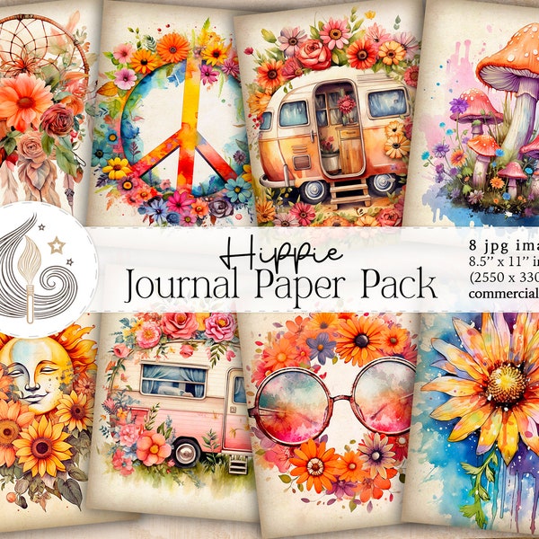 Hippie Junk Journal Paper | Journal Pages | Scrapbooking Paper | Digital Kit | Caravan | Peace | Floral | Boho | Mushrooms