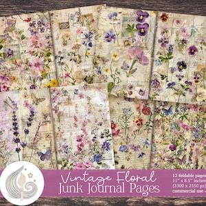 Vintage Floral Junk Journal-pagina's | Afdrukbare botanische wilde bloemen tuindagboek Kit | Dagboeken, scrapbooking, doe-het-zelf, knutselen