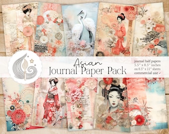 Páginas de diario basura asiático: Papeles florales culturales con elegantes detalles de geisha