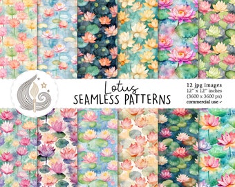 Naadloze lotuspatronen: digitaal papierpakket waterlelie met zen-bloemenillustraties