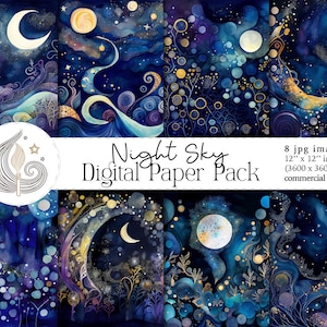 Digitaal papier Night Sky | Commercieel gebruik | Aquarel sterrennacht | Melkwegstelsel | Maan | Hemels | Kosmisch | Grillig | Plakboek | Knutselen