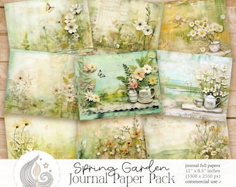 May include: A digital paper pack with a spring garden theme. The papers feature a variety of floral designs, including daisies, butterflies, and teacups. The papers are 11 inches by 8.5 inches and are suitable for commercial use.