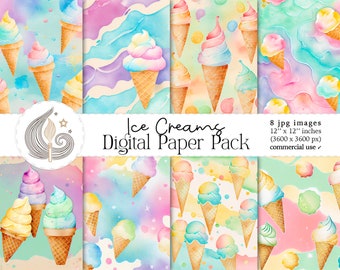 Ice Creams Digital Paper Pack: Pastel Watercolor Dessert Backgrounds
