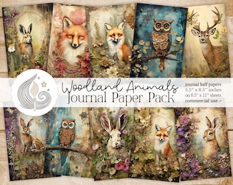 Woodland Animals Junk Journal Pages: Forest Wildlife Papers with Foxes, Owls, Deer, and Textures