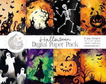 Halloween Digital Paper Pack: Spooky Silhouette Backgrounds in Bold Colors