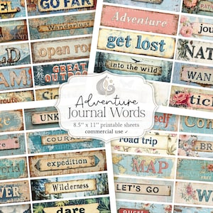 Parole d'avventura / Ephemera del diario spazzatura / Stampabili per album di ritagli / Etichette da viaggio / Pacchetto di parole digitali / Uso commerciale / Forniture per diario