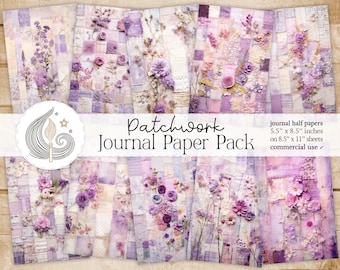 Patchwork Junk Journal Pages: Lavender Floral Papers with Delicate Stitched-Inspired Texture
