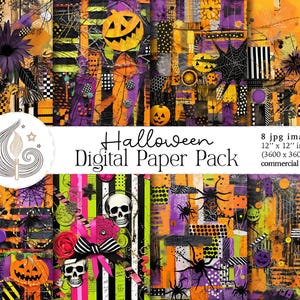 Pacchetto di carta digitale di Halloween / Teschi grunge punk, zucche, ragni, strisce / Pagine di album spettrali, collage, sfondi, lavoretti stampabili