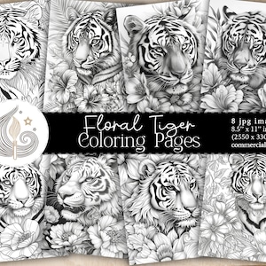 Tiger Coloring Pages | Floral Tiger Printable Download | Adult Coloring Pages | Printable Coloring Pages | Adults Coloring Book