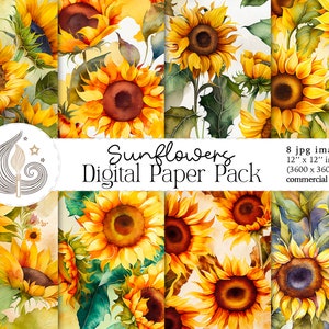 Sunflowers Digital Paper | Watercolor Sunflowers | Floral Scrapbooking Paper | Digital Backgrounds | Printable Paper | Commercial Use