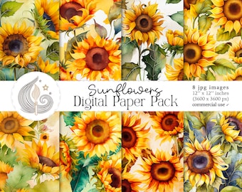May include: A digital paper pack featuring eight watercolor sunflower designs. Each design is 12 inches by 12 inches and includes a seamless pattern of sunflowers with green leaves on a white background. The text "Sunflowers Digital Paper Pack" is displayed in the center of the image.