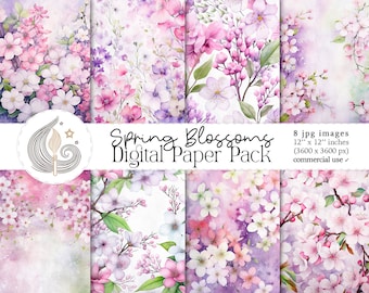 Digital Paper Pack Spring Blossoms: aquarel bloemenachtergronden in zachte pastelkleuren