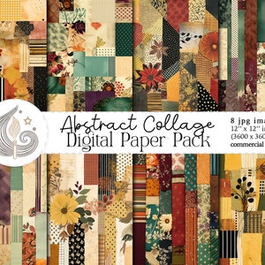 May include: A digital paper pack containing 8 abstract collage designs. Each design measures 12 inches by 12 inches and features a variety of colours, patterns, and textures. The designs are ideal for scrapbooking, card making, and other craft projects.
