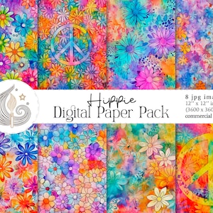 Carta digitale hippie / Uso commerciale / Modelli hippie / Texture acquerelli / Flower Power / Pace / Groovy / Carta per album