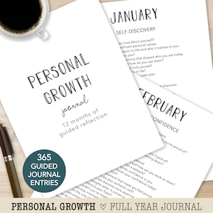 Personal Growth Journal, 12 Month Self Reflection Workbook, 365 Guided Daily Entries, Year Long Mindset & Life Growth, Digital Download image 1