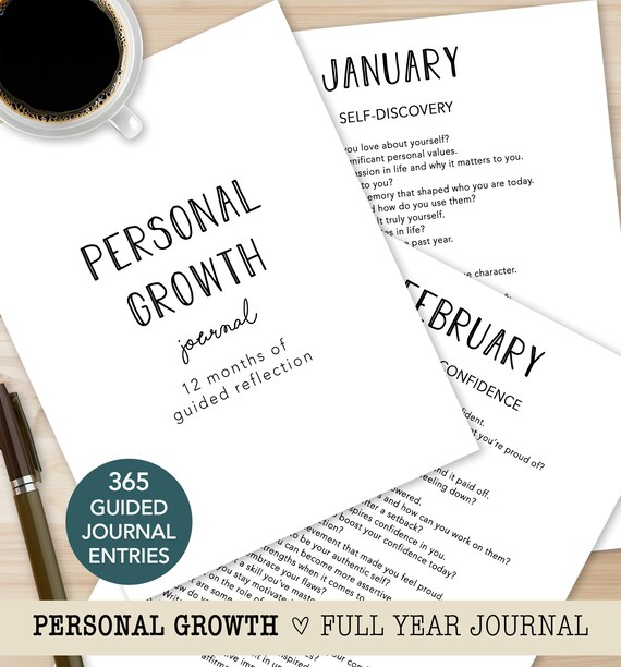 Personal Growth Journal, 12 Month Self Reflection Workbook, 365 Guided Daily Entries, Year Long Mindset & Life Growth, Digital Download