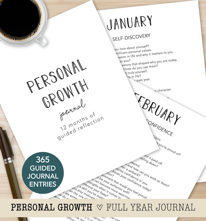 Personal Growth Journal, 12 Month Self Reflection Workbook, 365 Guided Daily Entries, Year Long Mindset & Life Growth, Digital Download image 1