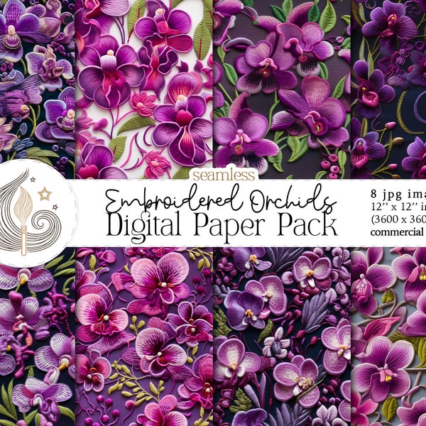 Embroidered Orchids Seamless Pattern | Digital Seamless Pattern Floral Embroidery | 3d Flower Pattern | Commercial Use | Digital Paper