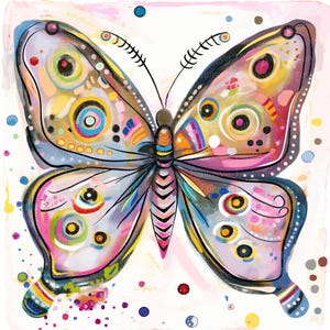 Puede incluir: Ilustraci&oacute;n de una mariposa vibrante y colorida con un dise&ntilde;o caprichoso. La mariposa presenta una mezcla de colores brillantes, incluyendo rosa, amarillo, azul y verde, con patrones y detalles intrincados. La obra de arte est&aacute; sobre un fondo blanco.