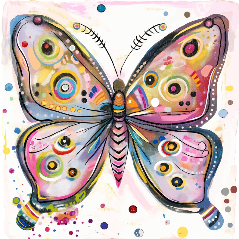 Puede incluir: Ilustraci&oacute;n de una mariposa vibrante y colorida con un dise&ntilde;o caprichoso. La mariposa presenta una mezcla de colores brillantes, incluyendo rosa, amarillo, azul y verde, con patrones y detalles intrincados. La obra de arte est&aacute; sobre un fondo blanco.