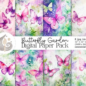 Carta digitale Butterfly Garden / Carta per album / Sfondo digitale / Uso commerciale / Design farfalle acquerello