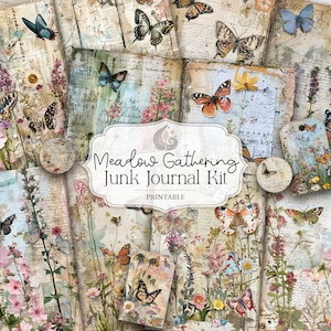 Kit de journal indésirable | Rassemblement des prés | Papillons et fleurs sauvages | Éphémères imprimables | Papier vieilli | Jardin floral vintage