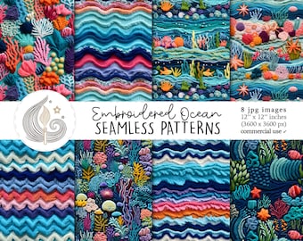 Embroidered Ocean Seamless Patterns: Sea Life Digital Paper Pack With ...