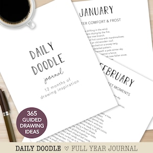 May include: A Daily Doodle journal with 365 guided drawing ideas. The journal features the text "Daily Doodle journal 12 months of drawing inspiration" and "Daily Doodle full year journal". A cup of coffee and a pen are also visible.