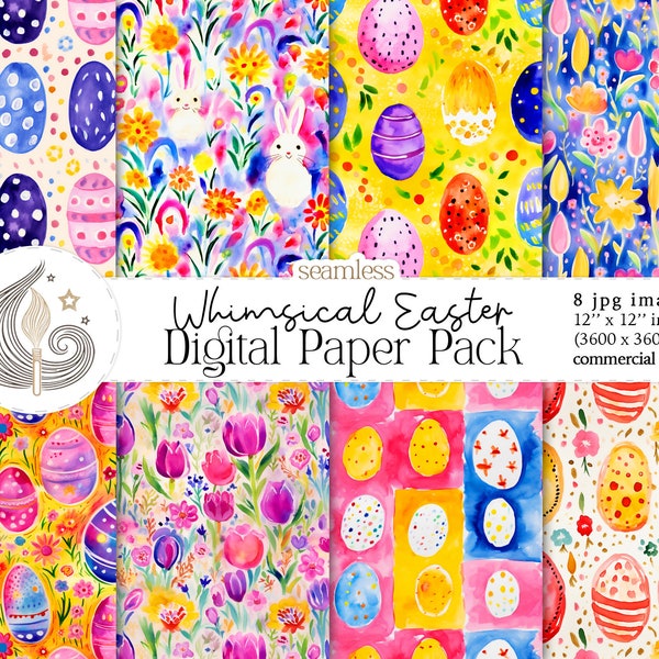 Whimsical Easter Seamless Pattern | Watercolor Easter Digital Paper | Commercial Use | Colorful Spring Easter Eggs Repeat Pattern