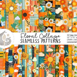 Motif de collage floral sans couture | Utilisation commerciale | Papier numérique fleur transparente | Boho rétro chaud soleil tournesol | Papier de scrapbooking