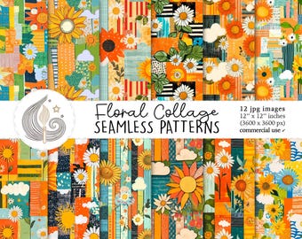 Floral Collage Seamless Patterns: Sunflower Digital Paper Pack with Vintage Patchwork Style