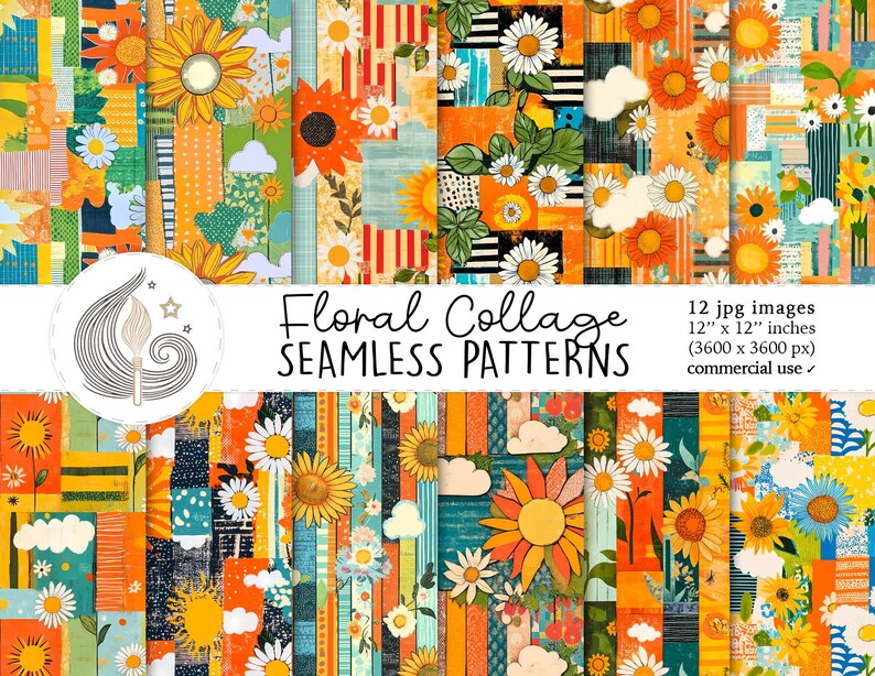 Floral Collage Seamless Patterns: Sunflower Digital Paper Pack With ...
