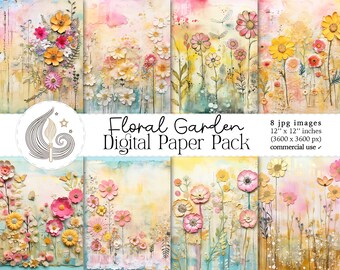 Paquete de papeles digitales Jardín Floral: Fondos de collage de flores 3D en tonos pastel suaves