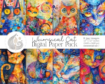 Whimsical Cat Digital Paper Pack: Colorful Abstract Cat Backgrounds in Artistic Tones