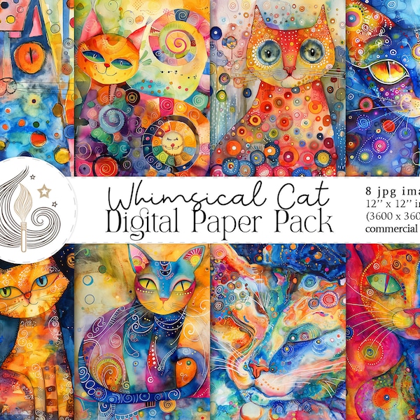Whimsical Cat Digital Paper | Commercial Use | Watercolor Quirky Cats | Printable Paper Set | Scrapbooking Paper | Crafts | Diy