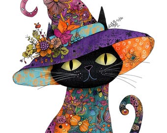 11 Whimsical Witch Cat Clipart | Halloween PNG JPG Bundle (Digital Download)