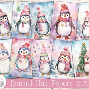 Diario basura con forma de pingüino navideño, páginas a medias, paquete de papel imprimible, suministros para diario, kit de scrapbooking, manualidades, collage, tarjetas