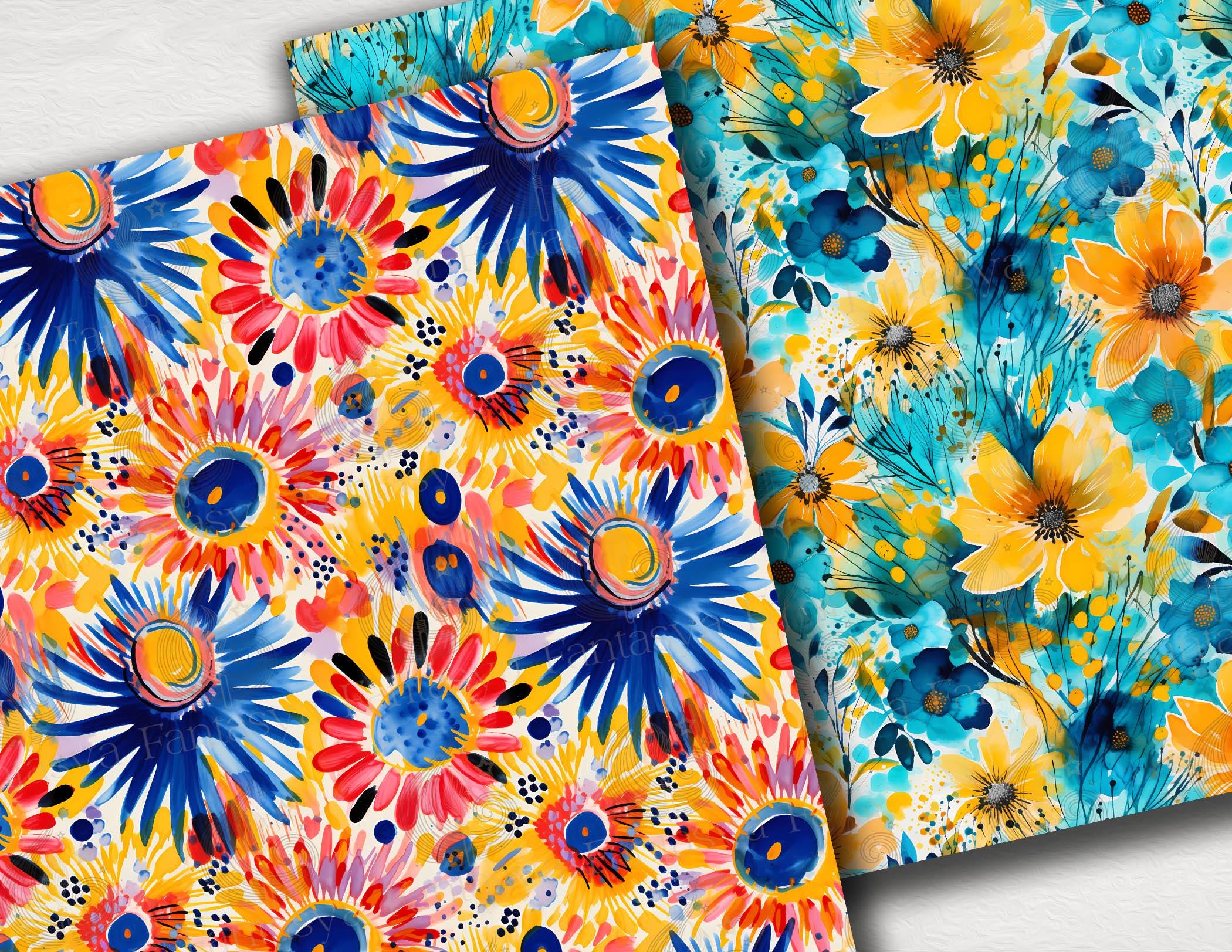 Floral Seamless Patterns: Bold Watercolor Flower Digital Paper Pack in ...