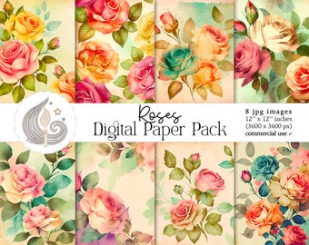 Roses Digital Paper Pack: Watercolor Floral Backgrounds in Soft Romantic Tones