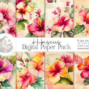 Aquarell Hibiskus Digitales Papier | Hawaii Blumen Digitales Papier | Florales Scrapbooking Papier | Kommerzielle Nutzung | Kartenherstellung | Basteln