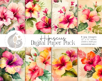 Hibiscus Digital Paper Pack: Tropical Watercolor Floral Backgrounds in Bright Island Tones