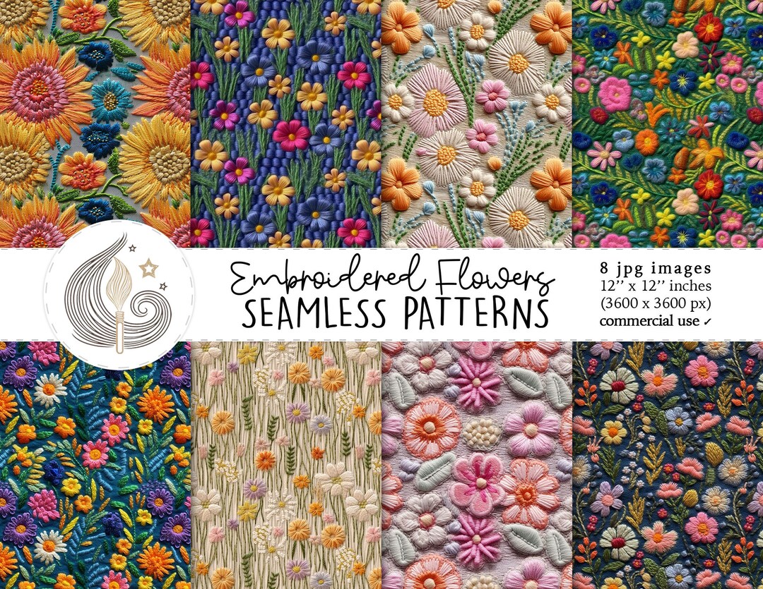 Embroidered Flowers Seamless Patterns: Rustic Floral Digital Paper Pack ...