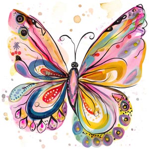 Puede incluir: Una colorida pintura de acuarela de una mariposa con intrincados patrones en las alas. Las alas presentan una mezcla de tonos rosas, amarillos, azules y rojos, delineados en negro. La mariposa tiene un cuerpo y antenas negros, sobre un fondo blanco.