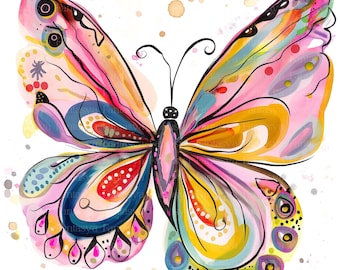 Paquete de imágenes prediseñadas de mariposas caprichosas: coloridas ilustraciones bohemias en técnica mixta, 12 imágenes en acuarela Jpg