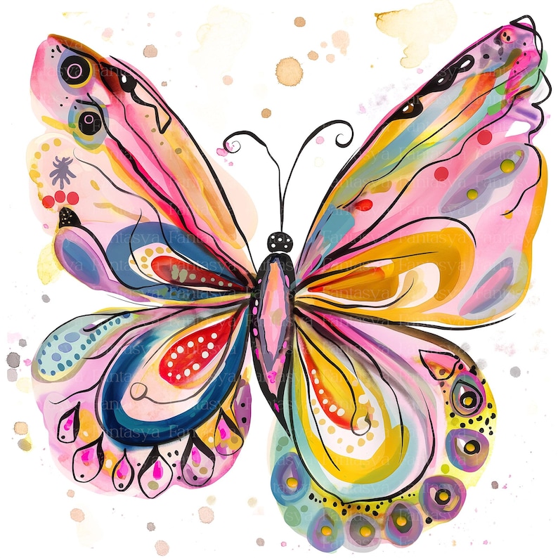 Puede incluir: Una colorida pintura de acuarela de una mariposa con intrincados patrones en las alas. Las alas presentan una mezcla de tonos rosas, amarillos, azules y rojos, delineados en negro. La mariposa tiene un cuerpo y antenas negros, sobre un fondo blanco.